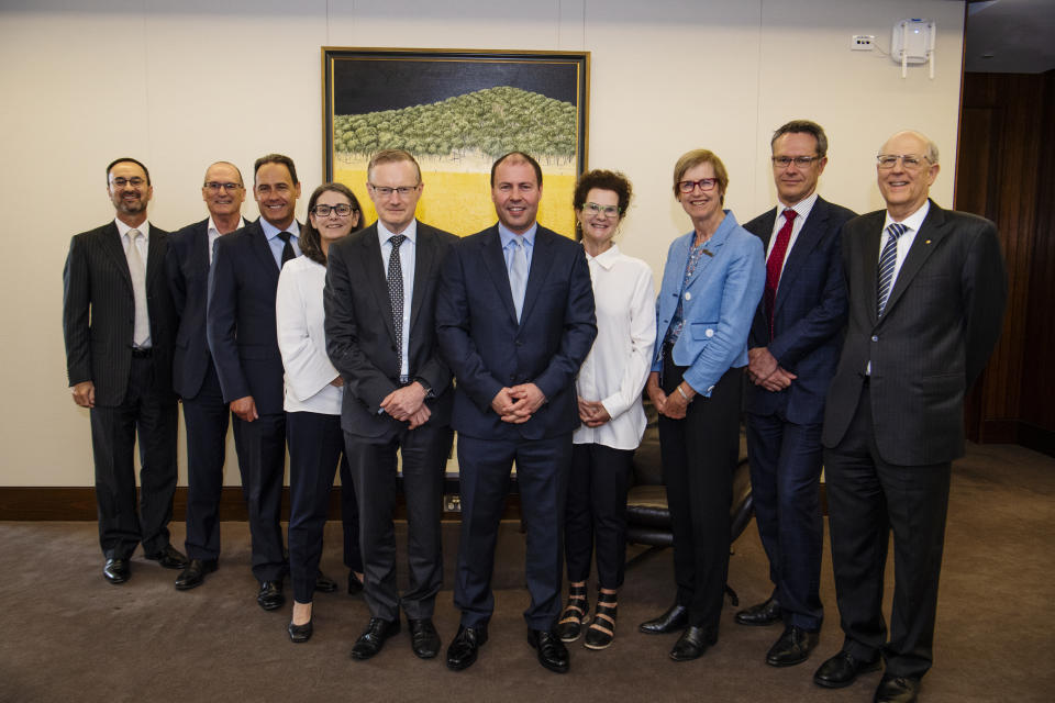 Treasurer Josh Frydenberg meets with RBA Governor Philip Lowe and RBA board members, Anthony Dickman, RBA Secretary; Philip Gaetjens, Treasury Secretary; Mark Barnaba; Catherine Tanna; Carol Schwartz; Wendy Craik; RBA deputy governor Guy Debelle; and Allan Moss. (AAP Image/Fairfax Media Pool, Louise Kennerley)