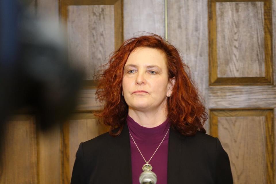 Alison Coffin, leader of the Newfoundland and Labrador NDP, speaks to reporters on April 15, 2021 outside the House of Assembly.