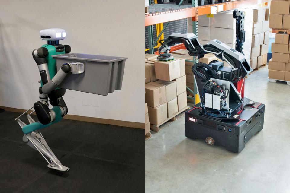 Agility Robotics' Digit, links, ein zweibeiniger humanoider Roboter, und Boston Dynamics' Stretch, rechts, sind beide in der Lage, Kisten in Lagern zu heben. - Copyright: Matt Freed/AP and Boston Dynamics