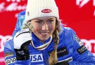 Alpine Skiing - FIS Alpine Skiing World Championships - Women's Slalom - St. Moritz, Switzerland - 18/2/17 - Mikaela Shiffrin of the USA poses with her gold medal. REUTERS/Ruben Sprich