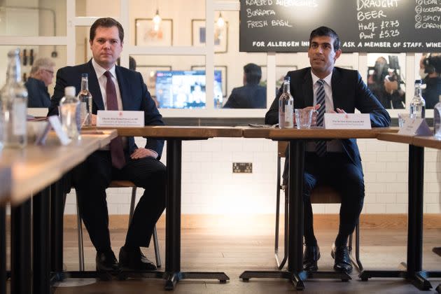 Chancellor Rishi Sunak with housing secretary Robert Jenrick, hosting a roundtable for business representatives at Franco Mana in Waterloo, London