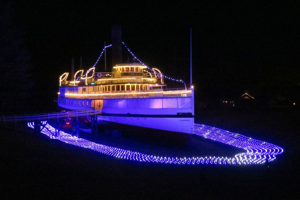 Afloat in light: The steamship Ticonderoga dazzles visitors to the Shelburne Museum on Dec. 3, 2021.