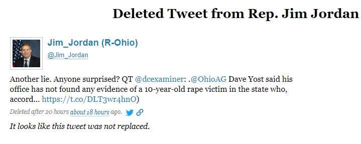 The tweet containing a false accusation from Jim Jordan deleted by the Ohio GOP congressman after The Dispatch showed the story about the 10-year-old rape victim was true.