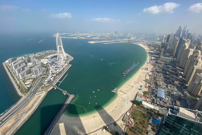 A general view of Jumeirah Beach Residence (JBR) and Dubai Eye ferris wheel in Dubai