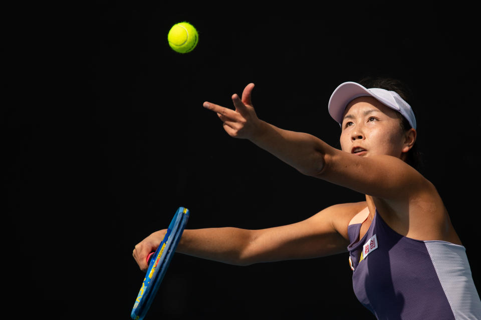 MELBOURNE, Jan. 21, 2020  -- Peng Shuai of China serves to Hibino Nao of Japan during their women's singles first round match at the Australian Open tennis championship in Melbourne, Australia on Jan. 21, 2020. (Photo by Bai Xue/Xinhua via Getty) (Xinhua/Bai Xue via Getty Images)