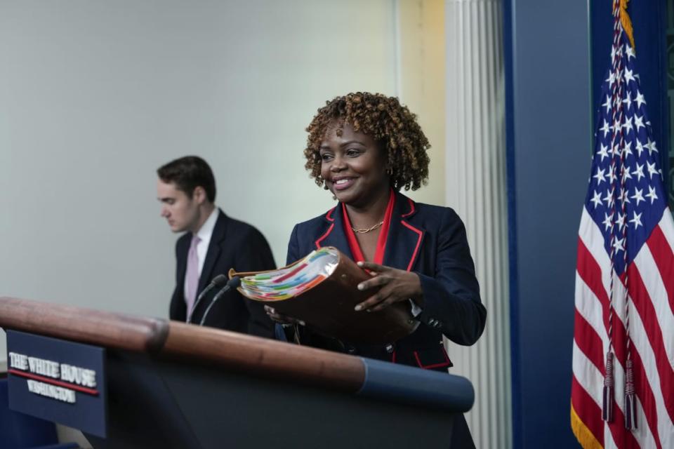 In such a high-profile position, reading about herself is not on the to-do list, says White House press secretary Karine Jean-Pierre, arriving May 23 for the daily press briefing. (Photo by Drew Angerer/Getty Images)