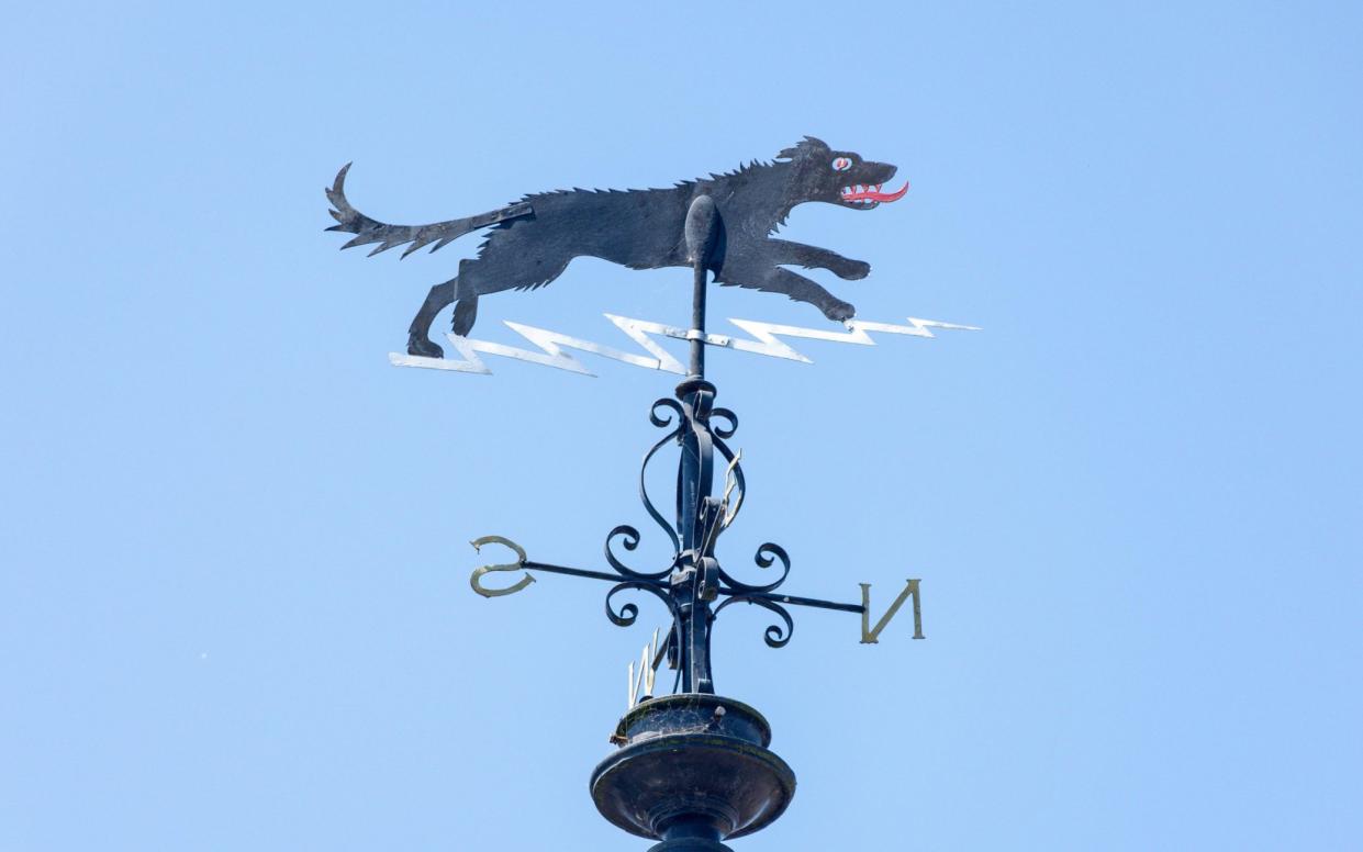 Black Shuck weather vane by Buttercross, Market Place, Bungay, Suffolk, England