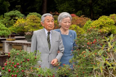 Japan's Empress Michiko poses for a photo with Emperor Akihito at the Imperial Palace in Tokyo, in this handout picture taken September 27, 2017 and provided by the Imperial Household Agency of Japan. Imperial Household Agency of Japan/HANDOUT via Reuters
