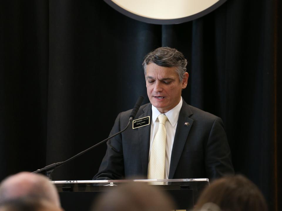 Daniel Castro, dean of Purdue Polytechnic, speaks at the ribbon-cutting event for Purdue University's Smart Manufacturing Labs in the Lambertus Hall, on Thursday, Nov. 30, 2023, in West Lafayette.