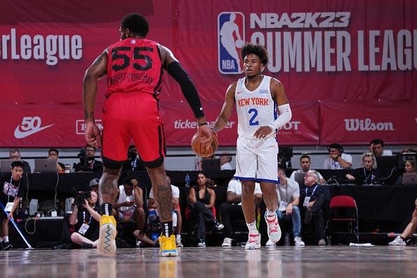 Miles McBride #2 of the New York Knicks dribbles the ball against the Chicago Bulls during the 2022 Las Vegas Summer League on July 10, 2022 at the Cox Pavilion in Las Vegas, Nevada.