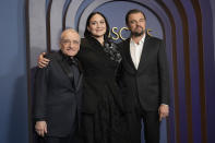 Martin Scorsese, from left, Lily Gladstone, and Leonardo DiCaprio arrive at the Governors Awards on Tuesday, Jan. 9, 2024, at the Dolby Ballroom in Los Angeles. (AP Photo/Chris Pizzello)