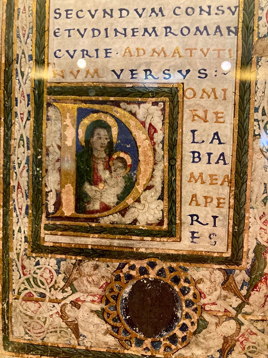 This large initial letter is part of a Book of Hours, or devotional book, created between 1480 and 1490 in Bruges, Belgium, and part of the “Painted Pages” exhibit at the Citadelle Art Museum in Canadian.