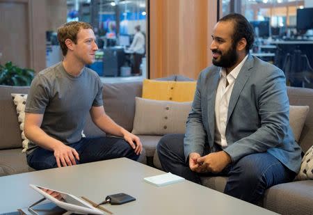 Saudi Arabia's Deputy Crown Prince Mohammed bin Salman (R) meets Facebook CEO Mark Zuckerberg at the tech giant's headquarters in Silicon Valley, U.S. June 22, 2016. Saudi Royal Court/Handout via REUTERS