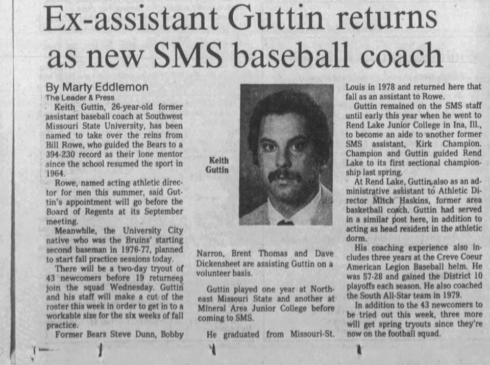 A screen capture of a News-Leader story from Aug. 30, 1982, when Missouri State hired Keith Guttin as its head baseball coach.