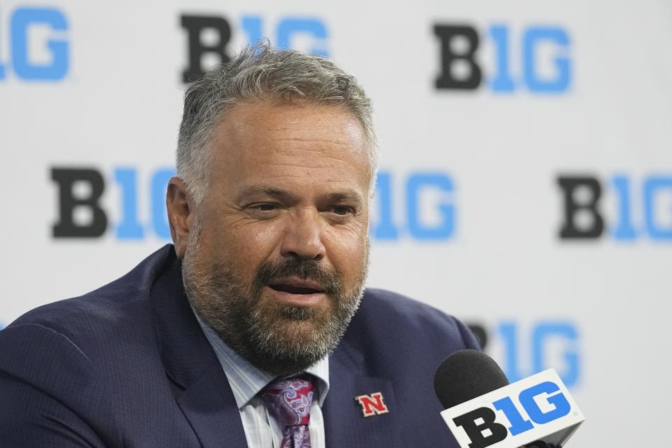 Nebraska head coach Matt Rhule speaks during an NCAA college football news conference at the Big Ten Conference media days at Lucas Oil Stadium, Thursday, July 27, 2023, in Indianapolis. (AP Photo/Darron Cummings)