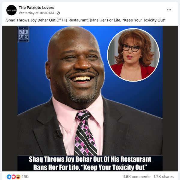 A meme claimed Shaquille O'Neal threw Joy Behar out of one of his restaurants and banned her for life.