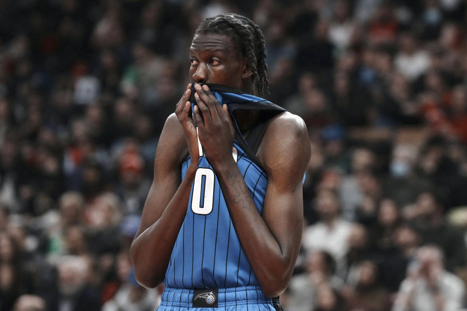 Orlando Magic's Bol Bol reacts during his team's loss to the Toronto Raptors in an NBA basketball game, Saturday, Dec. 3, 2022 in Toronto. (Chris Young/The Canadian Press via AP)