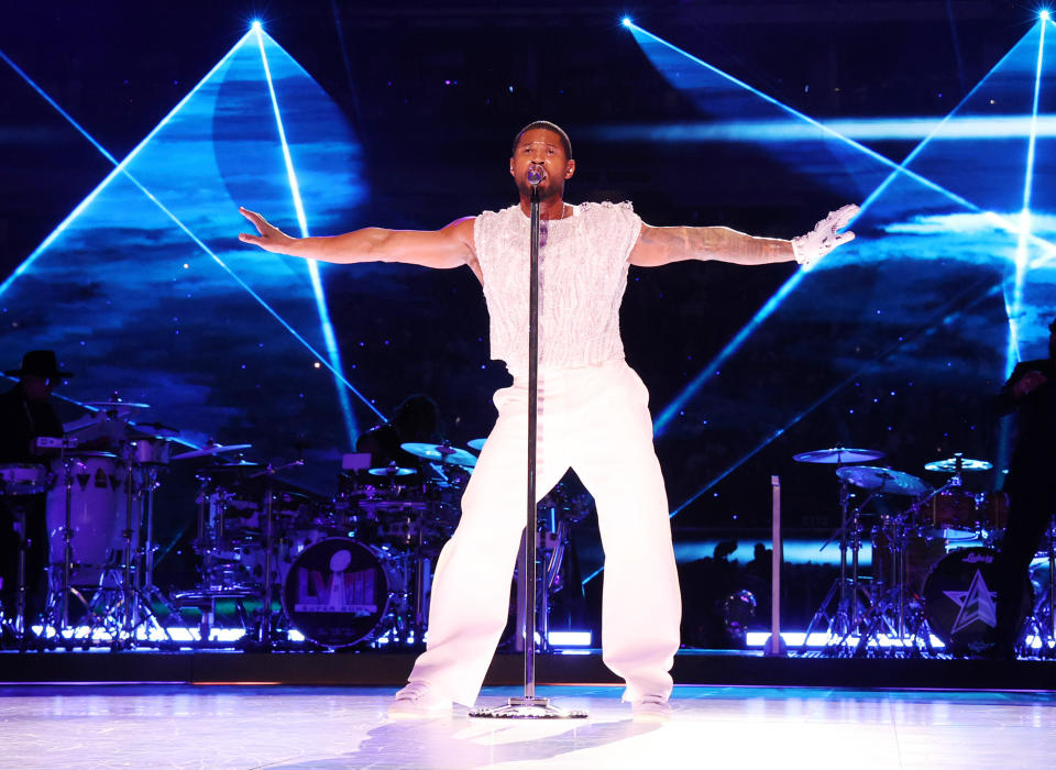 Usher performs onstage during the Apple Music Super Bowl LVIII Halftime Show at Allegiant Stadium on February 11, 2024 in Las Vegas. / Credit: Kevin Mazur/Getty Images for Roc Nation