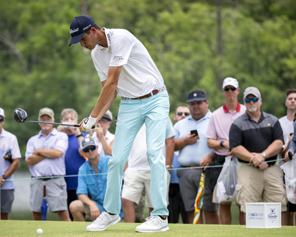 Chesson Hadley hits off the first tee during the third round of the Palmetto Championship golf tournament in Ridgeland, S.C., Saturday, June 12, 2021. (AP Photo/Stephen B. Morton)