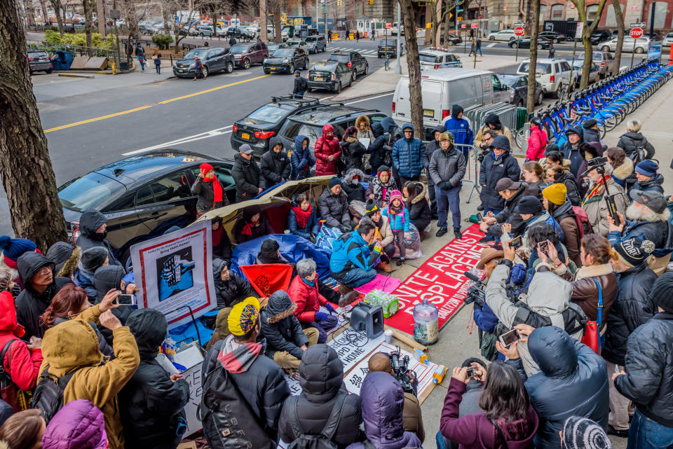 DEPARTMENT OF HOUSING PRESERVATION AND DEVELOPMENT, NEW YORK, UNITED STATES - 2018/02/12: Members of the 83-85 Bowery Tenants Association have been on hunger strike for five days outside the Department of Housing Preservation and Development. The City's promised deadline to get the Bowery tenants home has passed and the tenants are still displaced. Last month, landlord Joseph Betesh colluded with the City to carry out a mass eviction of 85 Bowery's low-income tenants, many whom are elderly and children as young as newborn babies. (Photo by Erik McGregor/Pacific Press/LightRocket via Getty Images)