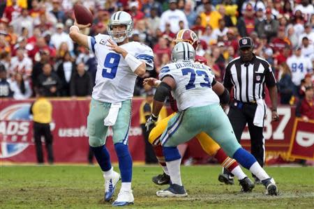 Dallas Cowboys quarterback Tony Romo (9) throws the ball against the Washington Redskins in the second quarter at FedEx Field. Geoff Burke-USA TODAY Sports