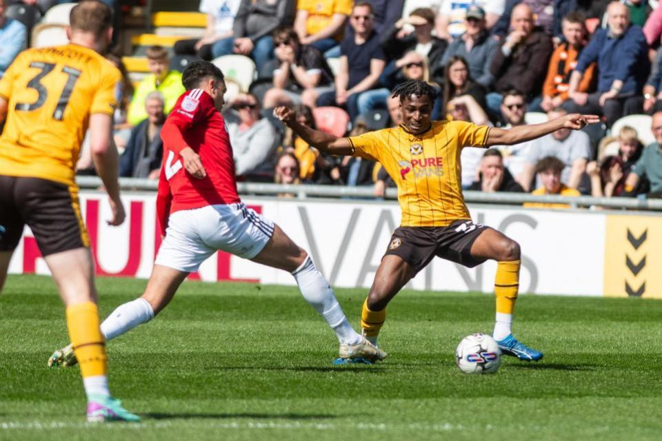 South Wales Argus: BLOCK: Matty Bondswell with a tackle for Newport County