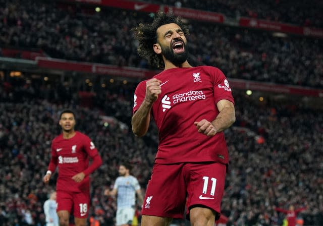 Mohamed Salah celebrates his 20th goal of the campaign
