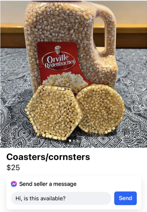 Sale post for "Coasters/cornsters" at $25 featuring popcorn kernel coasters and a large jug