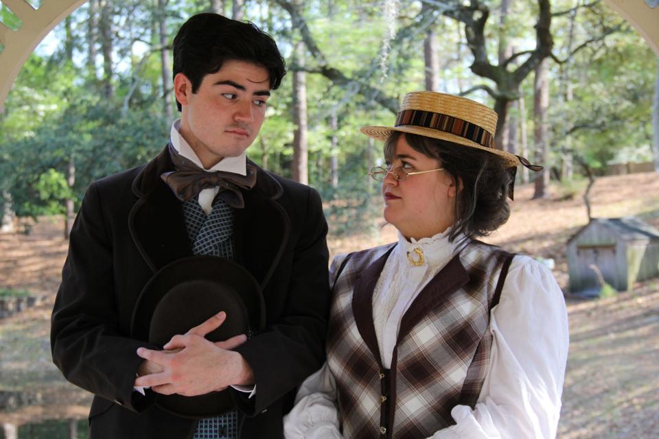 Cole Warren as Jack Worthing and Victoria Gibson as Miss Prism in the UNCW Department of Theatre's production of "The Importance of Being Earnest."