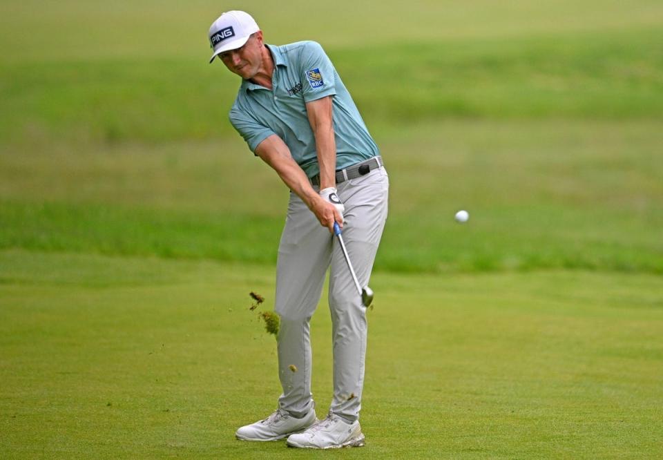 Jun 2, 2024; Hamilton, Ontario, CAN; Mackenzie Hughes plays his shot from the fairway on the seventh hole during the final round of the RBC Canadian Open golf tournament. Mandatory Credit: Dan Hamilton-USA TODAY Sports