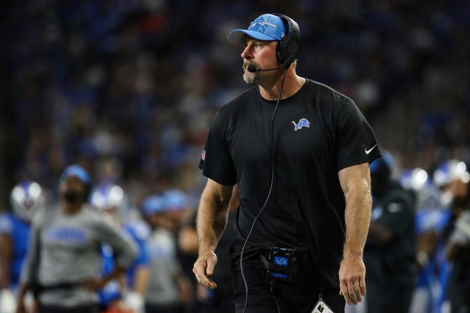 Detroit Lions head coach Dan Campbell watches a play against the New York Giants during the first half of a preseason game at Ford Field in Detroit on Friday, Aug. 11, 2023.