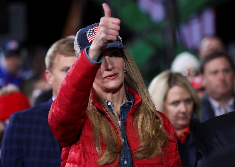 Republican U.S. senator Kelly Loeffler gives a thumbs up during a campaign rally, in Valdosta, Georgia