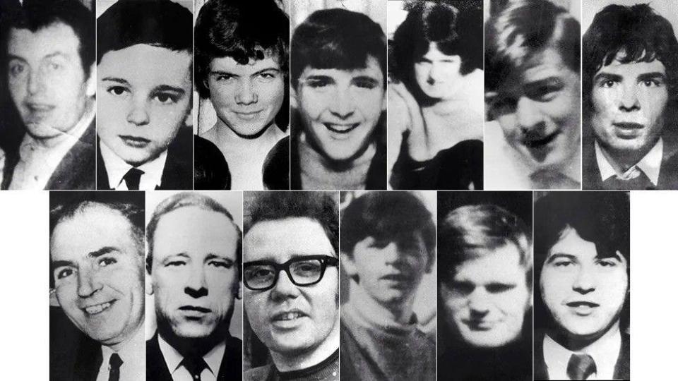 The victims, top row (l to r): Patrick Doherty, Gerald Donaghey, John Duddy, Hugh Gilmour, Michael Kelly, Michael McDaid and Kevin McElhinney. Bottom row : Bernard McGuigan, Gerard McKinney, William McKinney, William Nash, James Wray and John Young