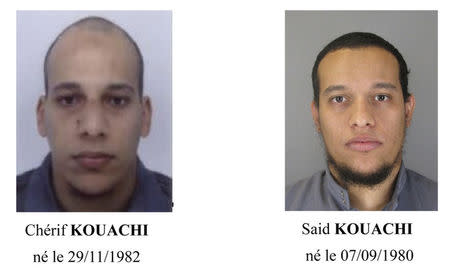 A call for witnesses released by the Paris Prefecture de Police January 8, 2015 shows the photos of two brothers Cherif Kouachi (L) and Said Kouachi, who are considered armed and dangerous, and are actively being sought in the investigation of the shooting at the Paris offices of satirical weekly newspaper Charlie Hebdo on Wednesday. REUTERS/Paris Prefecture de Police/Handout via Reuters