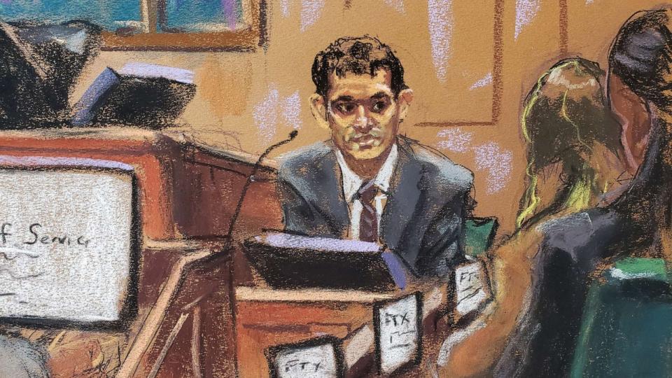 PHOTO: FTX founder Sam Bankman-Fried is questioned by lawyer Mark Cohen (not pictured) as he testifies in his fraud trial over the collapse of the bankrupt cryptocurrency exchange, at federal court in New York City, Oct. 27, 2023 in this courtroom sketch. (Jane Rosenberg/Reuters)