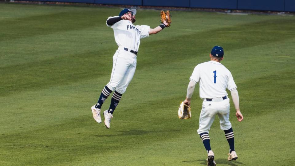 FIU outfielder Alec Sanchez, seen here making a great catch against Seton Hall last season, started all 50 of FIU’s games, leading the team in hitting (.274), doubles (10), triples (five), homers (10), runs (36), RBIs (36), slugging percentage (.528) and OPS (.885).