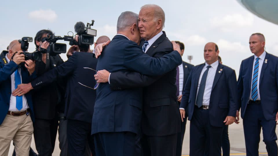 President Joe Biden greets Israeli Prime Minister Benjamin Netanyahu at Ben Gurion International Airport, Oct. 18, 2023, in Tel Aviv.  - Evan Vucci/AP