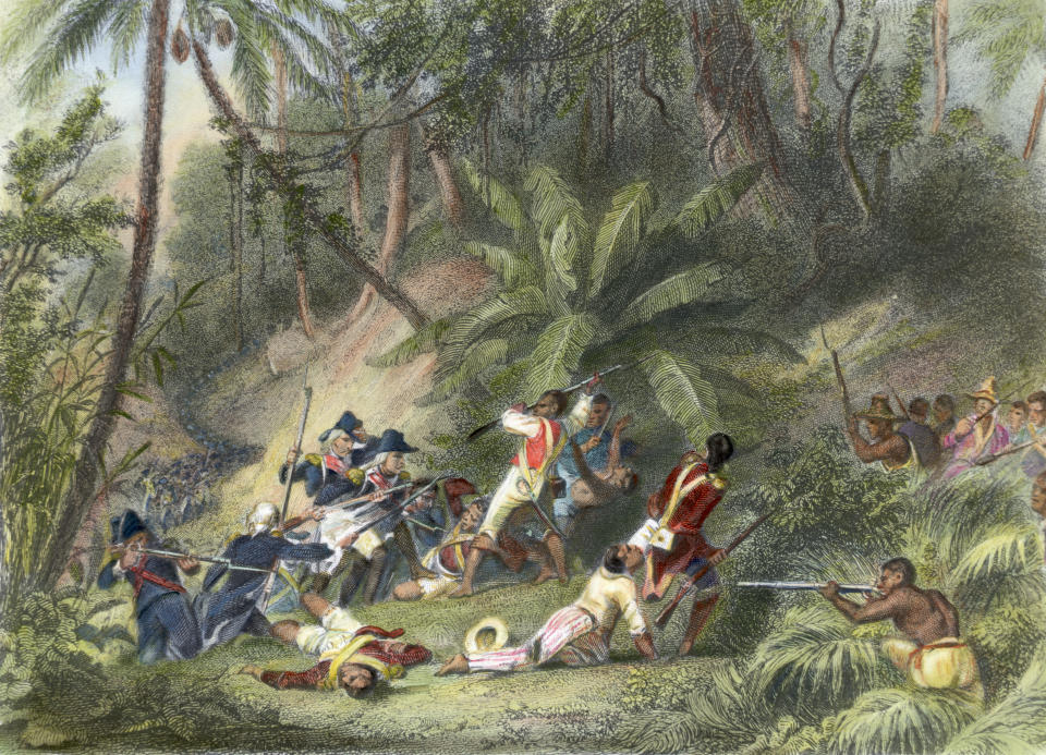 Illustration depicting Francois Dominique Toussaint L'Ouverture participating in the successful revolt against French power in St. Dominique (Haiti). (Getty Images)