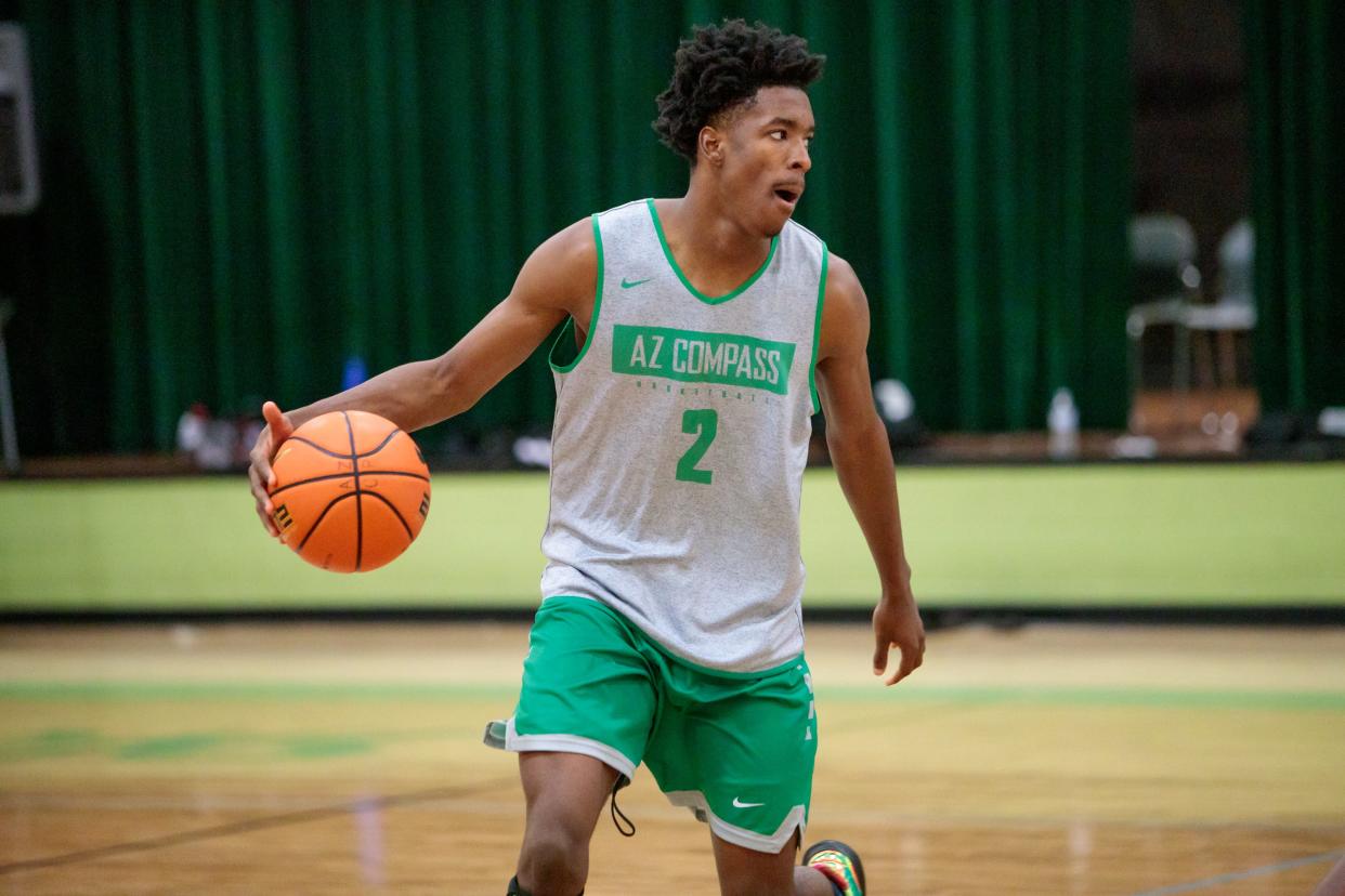 December 6, 2021; Chandler, AZ; AZ Compass Prep varsity basketball player, senior, Chance Westry, 2, practices at the AZCP gymnasium the week of the Hoophall West tournament