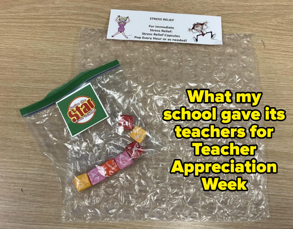 Bubble wrap and an open ziplock bag with individually wrapped candies. A flyer reads, "STRESS RELIEF! For immediate stress relief: Stress Relief Capsules. Pop every hour or as needed!"