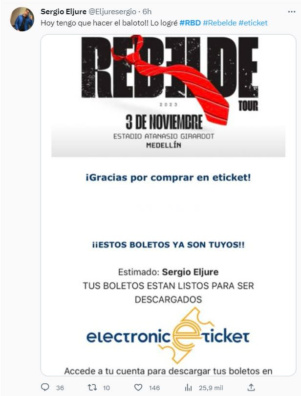 Algunos usuarios sí pudieron conseguir boletas el 15 de febrero con eTicket. Imagen tomada de Twitter @Eljuresergio