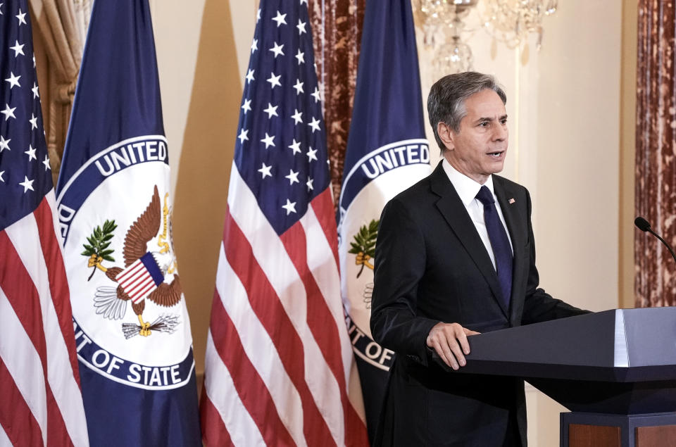 Secretary of State Antony Blinken speaks about the release of the State Department’s annual “Trafficking in Persons” report Wednesday, July 1, 2021, in Washington. The Biden administration on Thursday designated 17 countries as not doing enough to combat human trafficking and warned them of potential U.S. sanctions. (Ken Cedeno/Pool via AP)