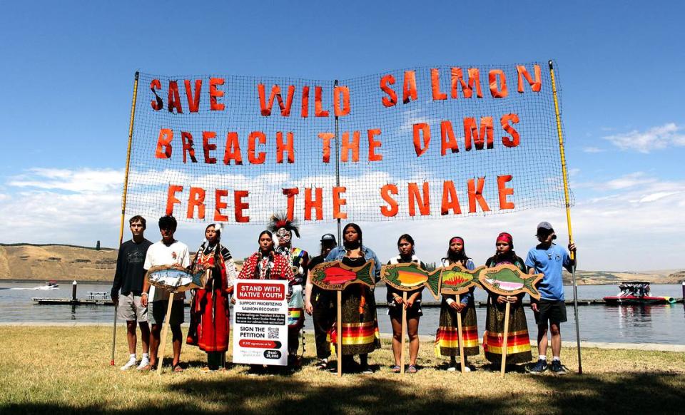 The Yakama Nation and the Confederated Tribes of the Umatilla Indian Reservation called for a comprehensive strategy to save salmon during a gathering on the Snake River in August 2022 at Fishhook Park in Eastern Washington. Kylin Brown/Courtesy photo