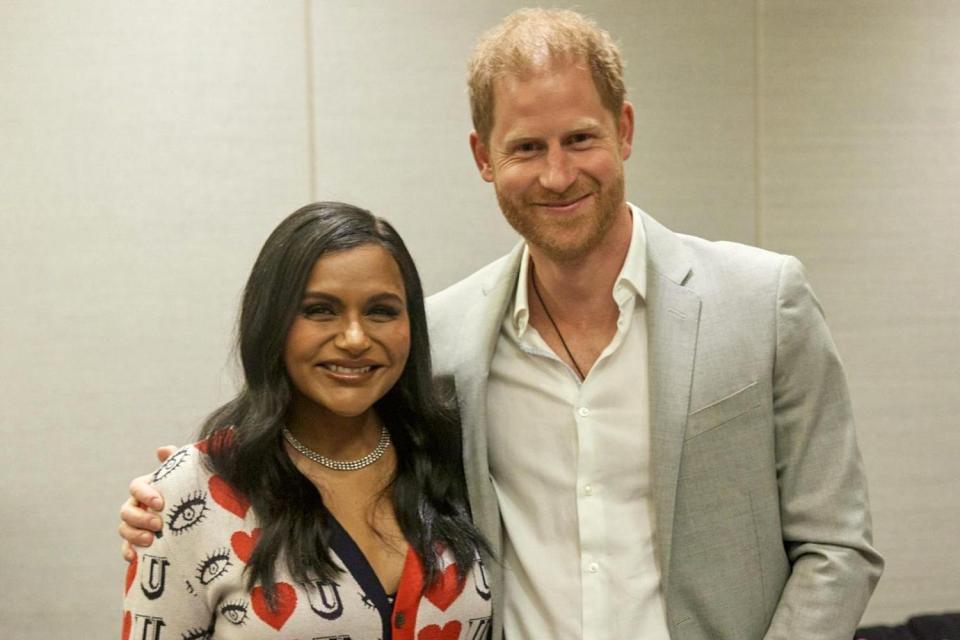 <p>Kirby Stenger for BetterUp</p> Prince Harry and Mindy Kaling at the Betterup Uplift Summit on April 10, 2024