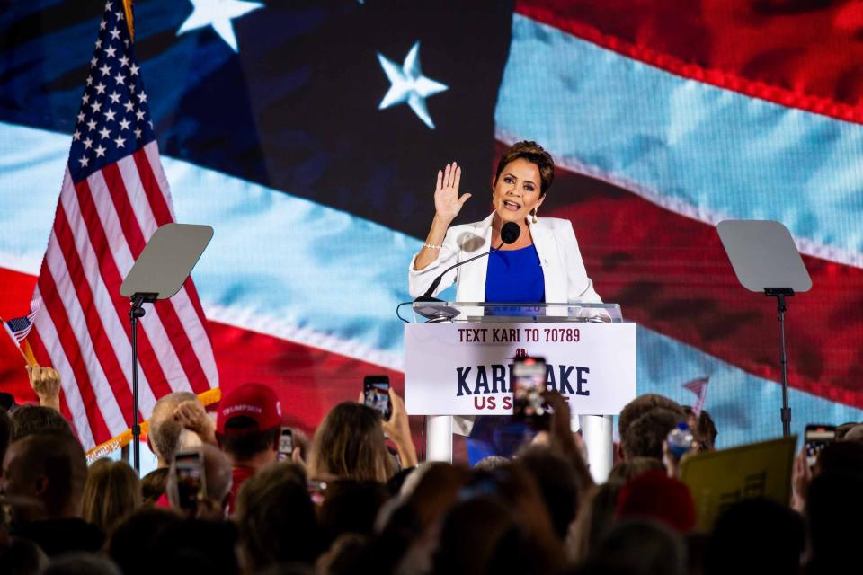 Kari Lake formally announces her bid for the U.S. Senate during an announcement rally at Jetset Magazine in Scottsdale on Oct. 10, 2023.