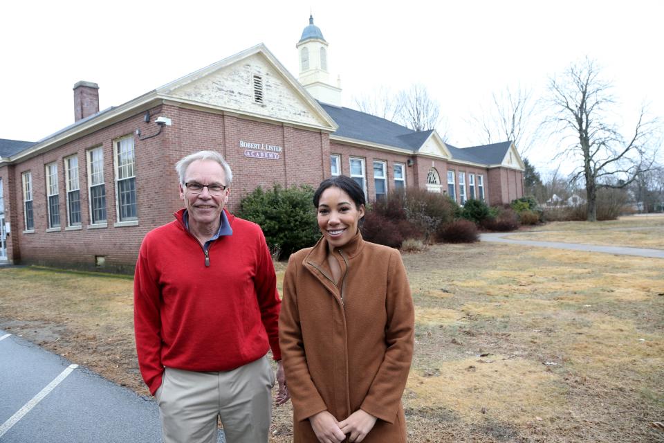 Portsmouth city councilor John Tabor and assistant mayor joanna kelley stand in front of the old Sherburne School property where they hope affordable housing can be accomplished.