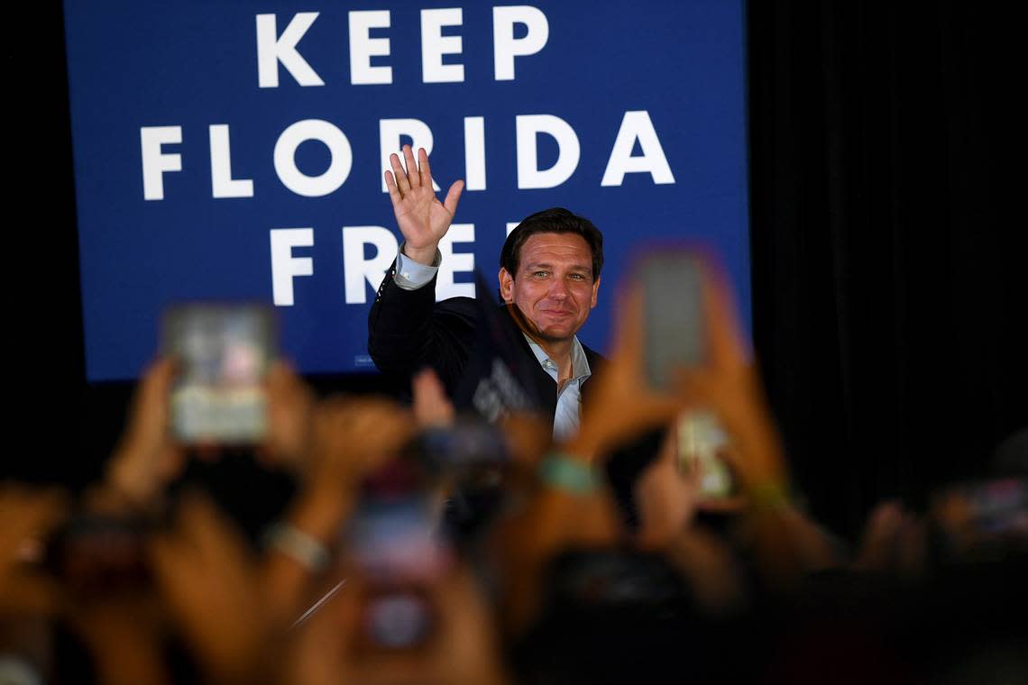 Gov. Ron DeSantis takes to the stage during his Don’t Tread on Florida Tour in Sarasota on Nov. 6, one of several rallies he held around the state leading up to Tuesday’s midterm election in which he is running against former Gov. Charlie Crist.
