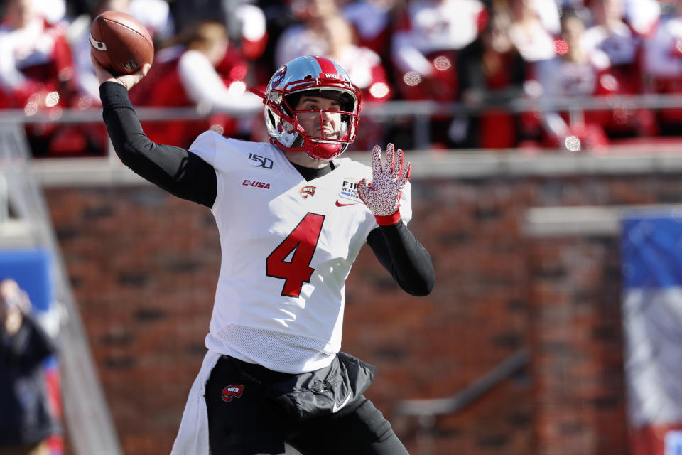 Western Kentucky quarterback Ty Storey throws the ball during the first half of the NCAA First Responder Bowl college football game against Western Michigan in Dallas, Monday, Dec. 30, 2019. (AP Photo/Roger Steinman)