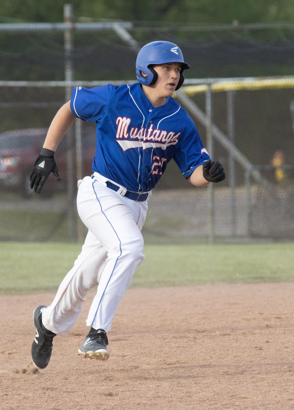 Tuslaw’s Liam McCollister hits a ground rule double to tie the score in the sixth inning against Northwestern on Monday, May 17, 2021. (Bob Rossiter  / Repository)