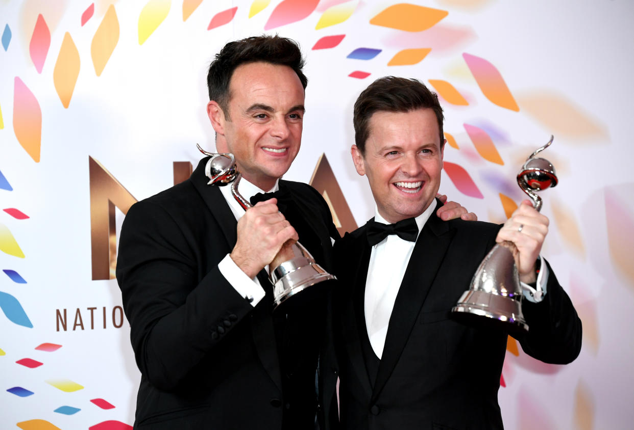 Anthony McPartlin (left) and Declan Donnelly with the awards for best TV presenter and best entertainment programme in the Press Room at the National Television Awards 2020 held at the O2 Arena, London. Photo credit should read: Doug Peters/EMPICS